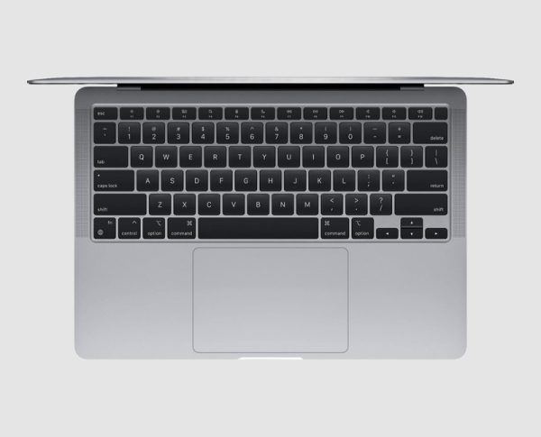 Apple MacBook Air 13 M1 2020 Space Gray angle Apple MacBook Air 13 M1 2020 A2337 Space Gray refurbished laptop, top view of keyboard
