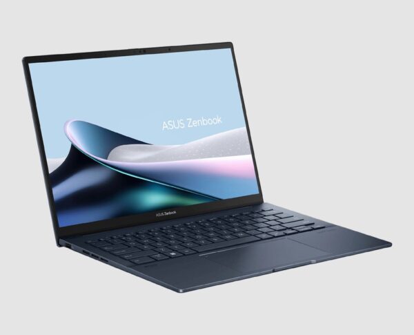Asus Zenbook 14 OLED UX3405MA side view Asus Zenbook 14 OLED UX3405MA in Ponder Blue, three-quarter side view showing the keyboard and ports