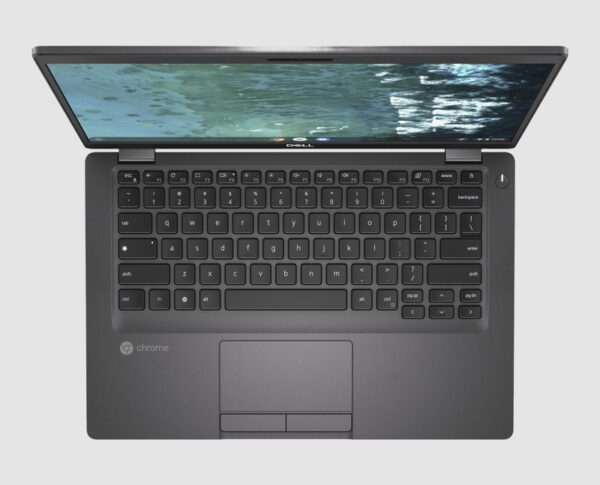 Dell 5400 Chromebook i3 Dell 5400 Chromebook i3, rear angle view showing the Gray lid and keyboard