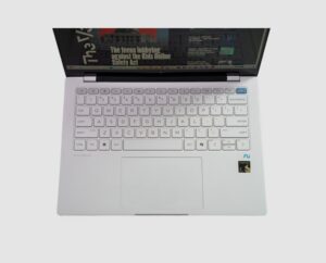 HP OmniBook X 14 Snapdragon X, in Silver, angled top view