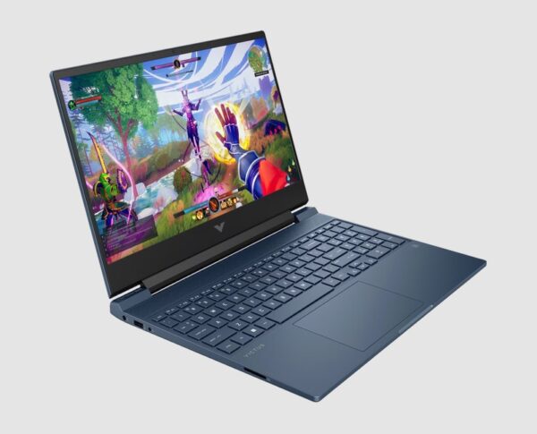 HP Victus 15-fa0033dx in Light Blue, three-quarter side view showing keyboard