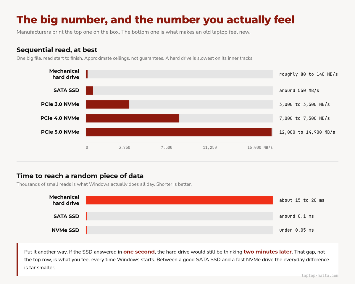 Two bar charts. Sequential read: hard drive 80 to 140 MB/s, SATA SSD around 550, PCIe 3.0 NVMe 3,000 to 3,500, PCIe 4.0 NVMe 7,000 to 7,500, PCIe 5.0 NVMe 12,000 to 14,900. Time to reach random data: hard drive about 15 to 20 ms, SATA SSD around 0.1 ms, NVMe SSD under 0.05 ms