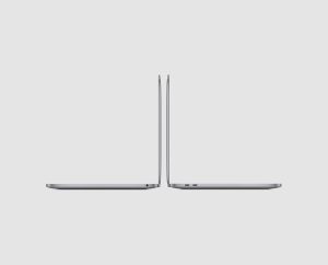 MacBook Pro A2338 2020 M1 in Space Gray, side view showing the two Thunderbolt / USB 4 ports