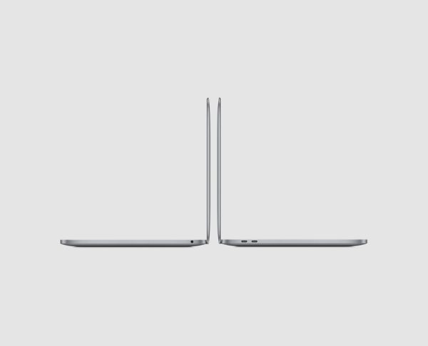 MacBook Pro A2338 2020 M1 in Space Gray, side view showing the two Thunderbolt / USB 4 ports
