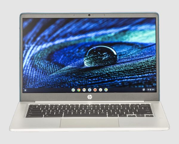 HP Chromebook 14a-na0062tg front view HP Chromebook 14a-na0062tg 14 inch teal front view with ChromeOS
