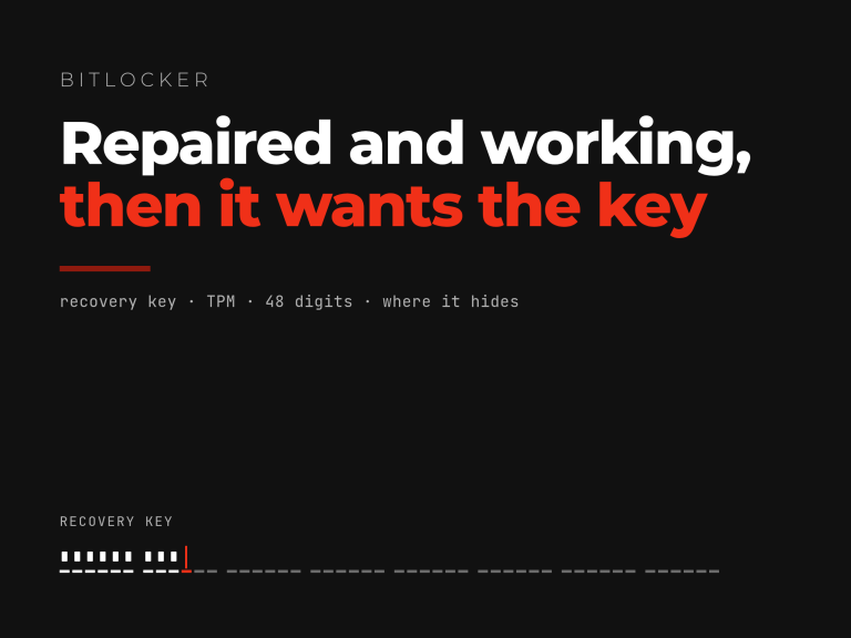 Title card reading BitLocker, repaired and working, then it wants the key, above an empty 48-digit recovery key field with a red cursor