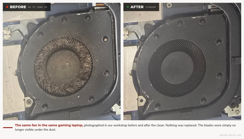 The same gaming laptop fan photographed before and after cleaning: blades buried under grey dust on the left, clean black blades on the right
