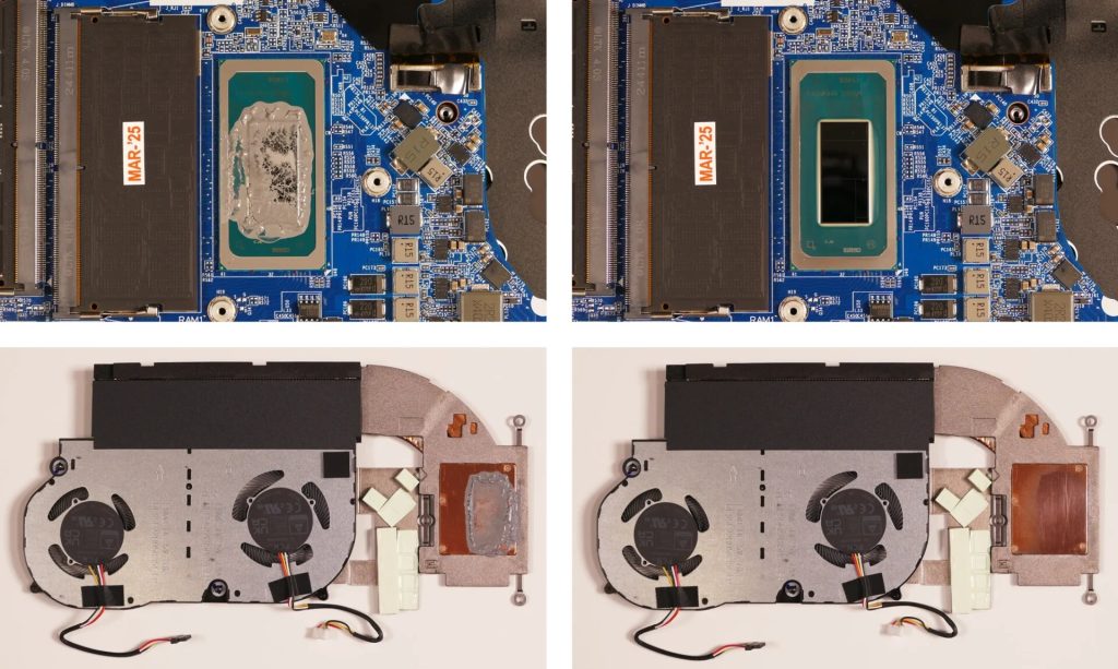 Laptop mainboard and cooling assembly before and after cleaning: dried, cracked thermal paste on the processor and the copper plate on the left, clean surfaces on the right