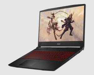 MSI Katana GF76 12UGS refurbished gaming laptop, open at an angle showing the ports