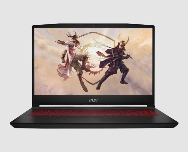 MSI Katana GF76 12UGS front view MSI Katana GF76 12UGS refurbished gaming laptop, front view with red backlit keyboard