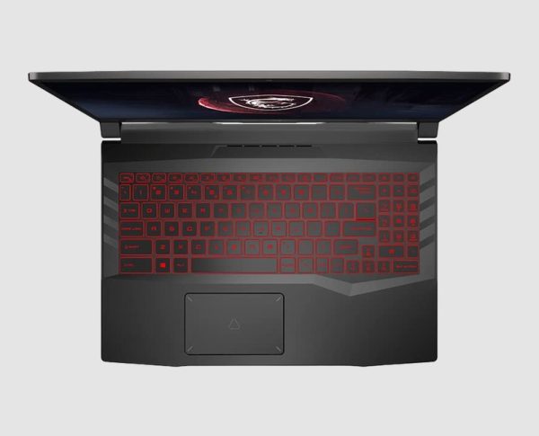 MSI Katana GF76 12UGS keyboard from above MSI Katana GF76 12UGS refurbished gaming laptop, red backlit keyboard with numeric keypad from above
