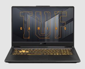 Asus TUF Gaming A17 refurbished gaming laptop, front view with backlit keyboard