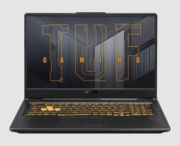 Asus TUF Gaming A17 FA707RE-MS73 front view Asus TUF Gaming A17 refurbished gaming laptop, front view with backlit keyboard