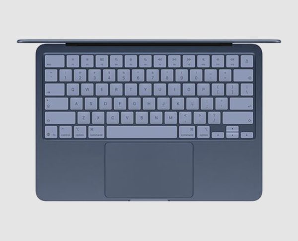 Apple MacBook Neo 13 (2026) Indigo side view with ports Apple MacBook Neo 13 (2026) Indigo, top view of keyboard